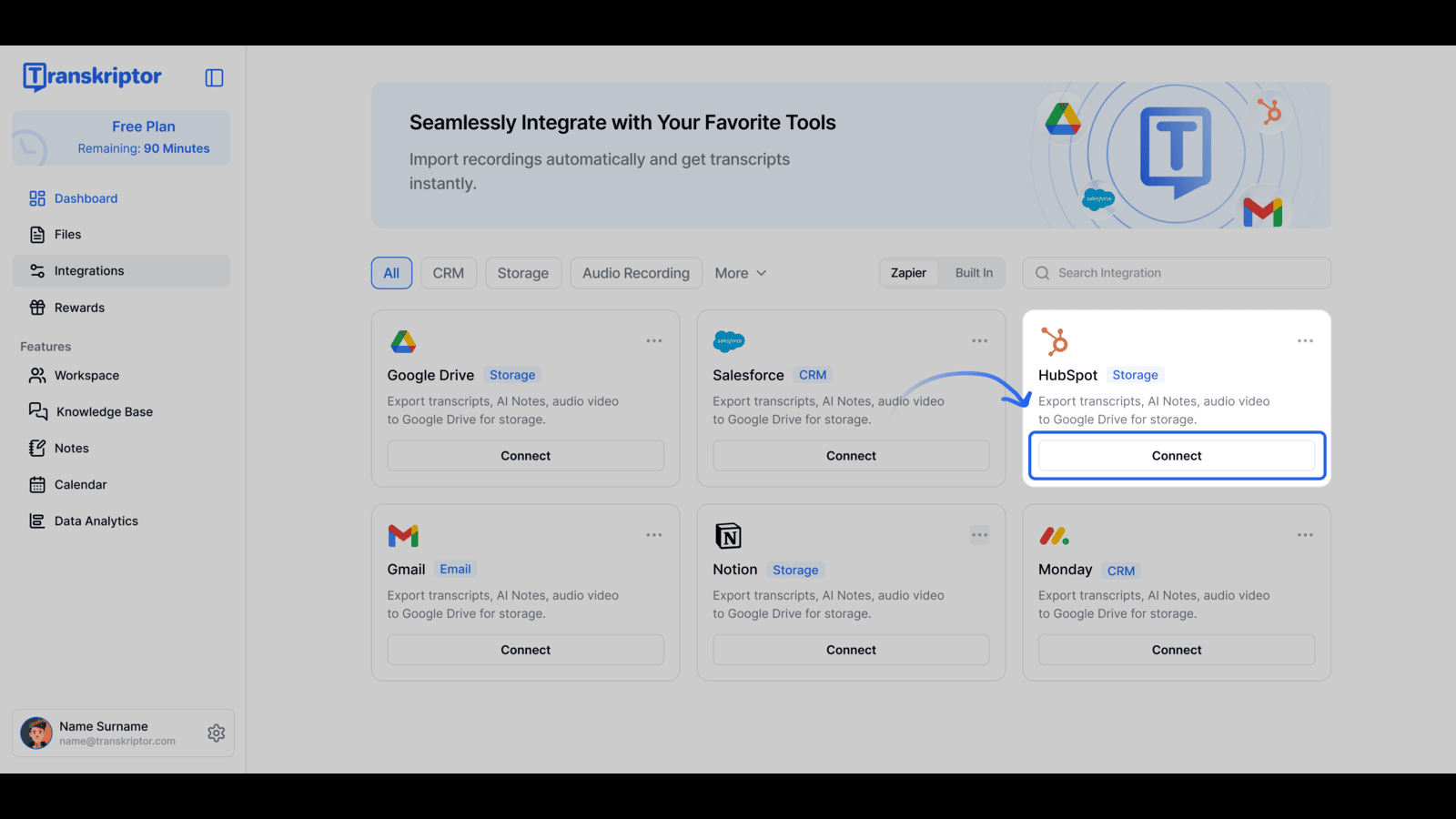 Locate HubSpot among integrations in Transkriptor app